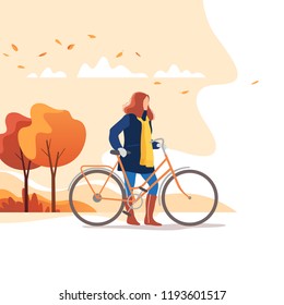 Autumn season. Young female walking with bicycle in a park. Healthy lifestyle and recreation leisure activity. Vector illustration.