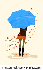 Autumn season. Young happy woman with umbrella.Vector illustration. 