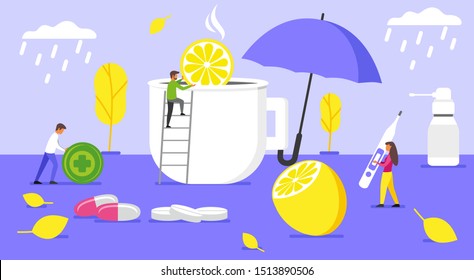 Autumn seasonal allergy. Cold medicine. Means for the treatment of colds. Vector flat illustration.