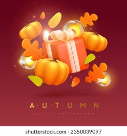 Autumn seasonal background with 3d gift box, pumpkins and falling leaves. Vector illustration