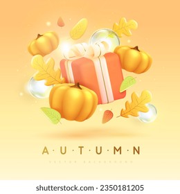 Autumn seasonal background with 3d gift box, pumpkins and falling leaves. Vector illustration