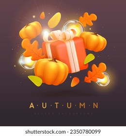 Autumn seasonal background with 3d gift box, pumpkins and falling leaves. Vector illustration