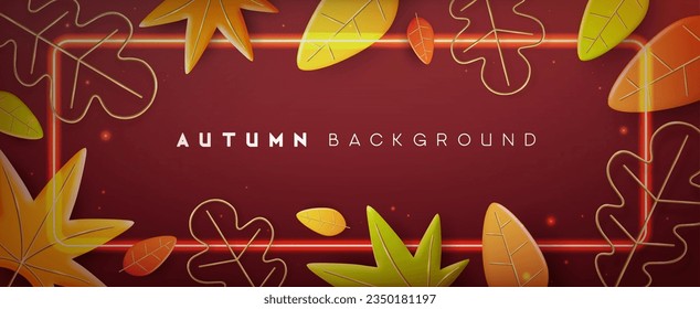 Autumn seasonal background with 3D orange falling  leaves and neon frame. Vector illustration