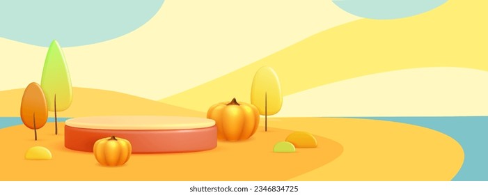 Autumn seasonal background with 3D plastic stage and landscape with trees and clouds. Vector illustration