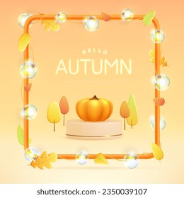 Autumn seasonal background with 3D plastic stage, pumpkin, frame and string of lights. Vector illustration