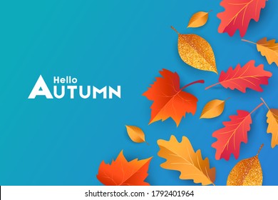 Autumn seasonal background with border frame with falling autumn golden, red and orange colored leaves on blue background, place for text. Hello autumn vector illustration
