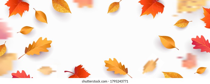 Autumn seasonal background with border frame with falling autumn golden, red and orange colored leaves on white background with place for text. Hello autumn vector illustration