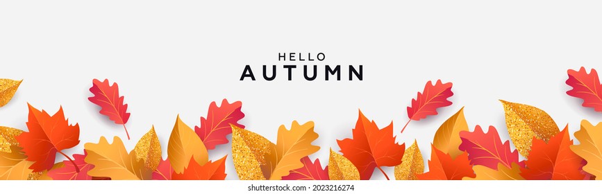 Autumn seasonal background with border made of falling autumn golden, red and orange colored leaves isolated on white background with place for text. Hello autumn vector illustration