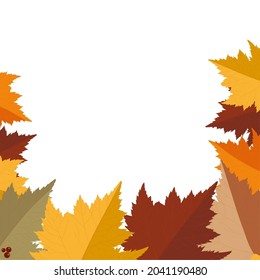 Autumn seasonal background with border made of falling autumn golden, red and orange colored leaves isolated on background. Vector illustration