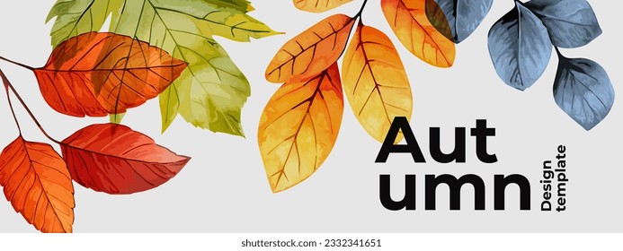 Autumn seasonal background with border made of falling autumn golden, red, orange and green colored leaves with overlay effect on white background with place for text. Trendy Fall vector illustration.