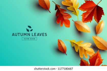 Autumn seasonal background design with falling autumn leaves and room for text. Vector illustration