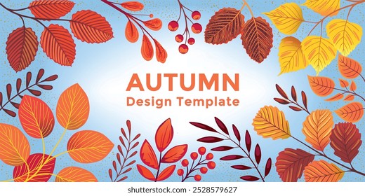 Autumn seasonal background with frame made of falling autumn  colored leaves with place for text. Trendy Fall handmade drawing vector illustration.
