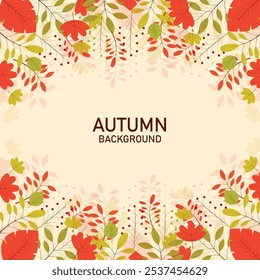 Autumn seasonal background with frame made of falling autumn green and red coloured leaves