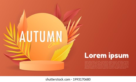 Autumn seasonal background frame with podium display minimum and autumn leaves with copy space for text on orange background , illustration 3D Vector EPS 10