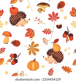 Autumn seasonal background with hedgehogs and mushrooms.Seamless pattern with pine cones, acorns and falling leaves.Organic colorful print with cartoon animals and fruits.Vector illustration on white.