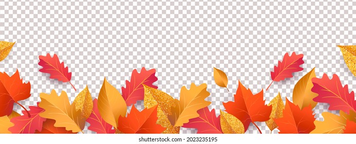 Fondo estacional de otoño con un largo borde horizontal hecho de hojas de oro, rojo y naranja caídas de otoño aisladas en el fondo. Hola ilustración vectorial de otoño