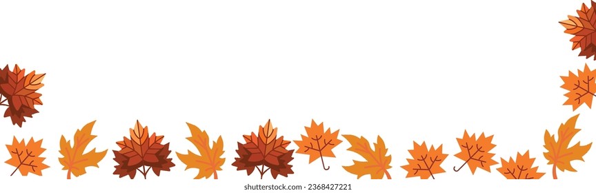 Autumn seasonal background with long horizontal border made of falling autumn golden, red and orange colored leaves isolated on background