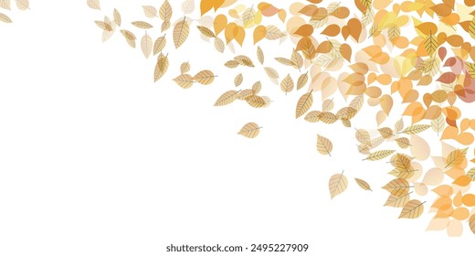Autumn seasonal background with long horizontal border made of falling autumn golden, red and orange colored leaves isolated on background. Hello autumn vector illustration