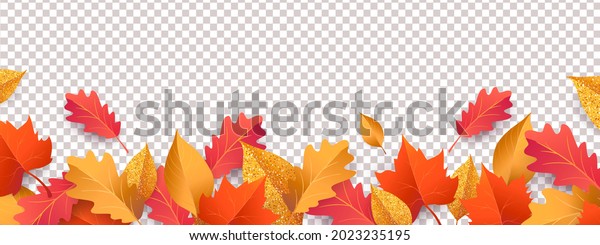 Autumn\
seasonal background with long horizontal border made of falling\
autumn golden, red and orange colored leaves isolated on\
background. Hello autumn vector\
illustration