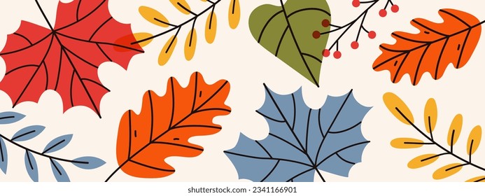Autumn seasonal background with pattern in bright yellow, red, orange, blue colored leaves. Trendy modern design. 