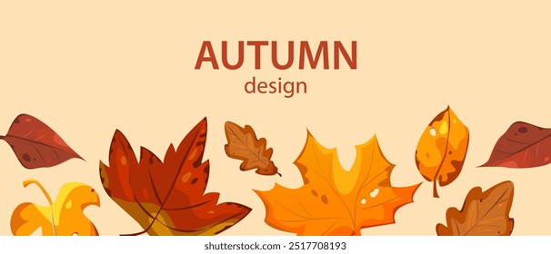 Autumn Seasonal Banner Design with Falling Leaves. Fall Background with Place for Text. Vector Illustration in Cartoon Style.
