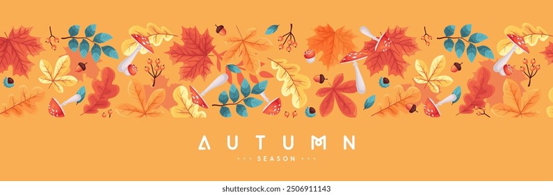 Autumn seasonal  banner with leaves, mushrooms, floral elements and autumn attributes. Vector illustration