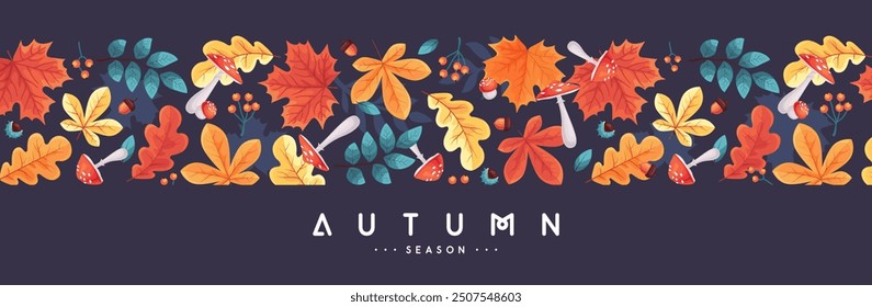 Autumn seasonal  banner with leaves, mushrooms, floral elements and autumn attributes. Vector illustration