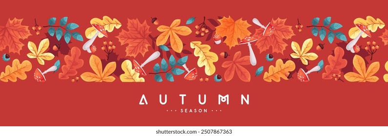 Autumn seasonal  banner with leaves, mushrooms, floral elements and autumn attributes. Vector illustration