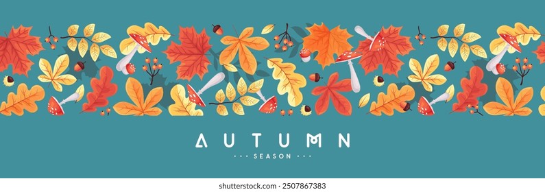 Autumn seasonal  banner with leaves, mushrooms, floral elements and autumn attributes. Vector illustration