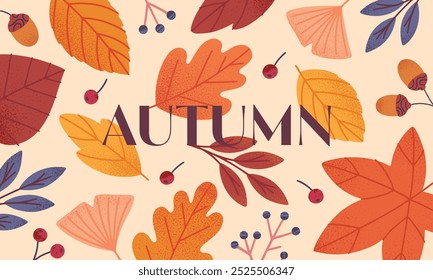 Autumn seasonal banner with leaves,acorns,berries and plants in fall colors.Vector modern illustration.Trendy autumn template for prints,ad,social media marketing,branding,packaging,covers.