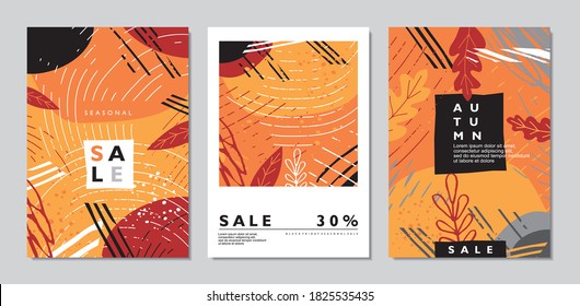 Autumn seasonal banners, booklets, placards and magazine covers design. abstract sales posters vector set. Shopping flyers and ads collection.