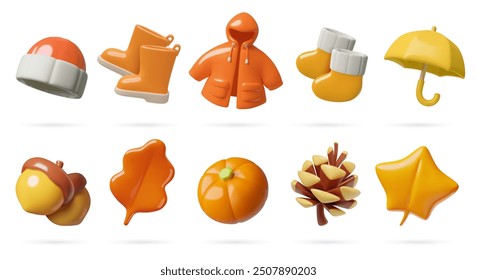 Autumn seasonal clothes and plants 3d vector icons collection. Cute three dimensional yellow and orange plastic objects set isolated on white background.