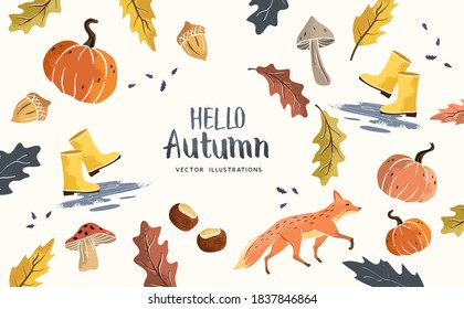 Autumn seasonal composition with hand crafted fall elements, leaves, mushrooms, pumpkins and animals. vector illustration.