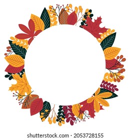 Autumn seasonal frame, border with autumn leaves. White background with space for text. Vector.