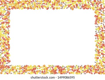 Autumn seasonal frame with maple oak ash leaves. Scattered red orange foliage  decoration on white background. Vector fall flat illustration.