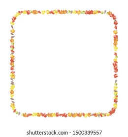 Autumn seasonal frame with maple oak ash leaves. Scattered red orange foliage  decoration on white background. Vector fall flat illustration.