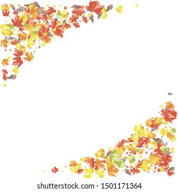 Autumn seasonal frame with maple oak ash leaves. Scattered red orange foliage  decoration on white background. Vector fall flat illustration.