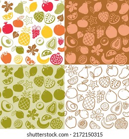 Autumn seasonal fruits seamless pattern collection. Isolated fruits on white background. Colorful, flat silhouette and doodle style. Vector illustration.
