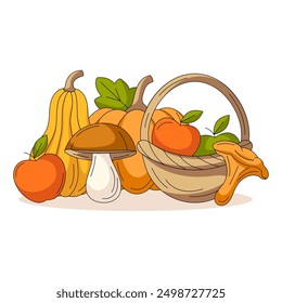 Autumn seasonal fruits, vegetables and mushrooms. Pumpkin, squash, basket with apples, porcini or boletus and chanterelle. Fall flat vector illustration. Harvest season. For postcard, thanksgiving day