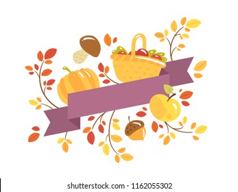 Autumn seasonal illustration with banner ribbon template to put the text inside. Design of violet flat geometric ribbon with autumn branches, red and yellow leaves and autumn harvest icons.