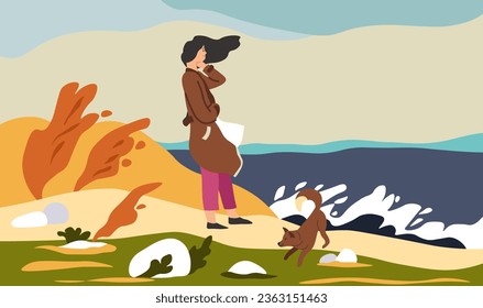 Autumn seasonal landscape of sea, seascape with stormy waves. Woman with dog standing on shore looking in distance. Bushes and leaves dry and yellow, fall season nature. Vector in flat style