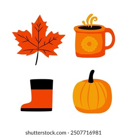 Autumn Seasonal with Leaf, Mug, Boot, and Pumpkin