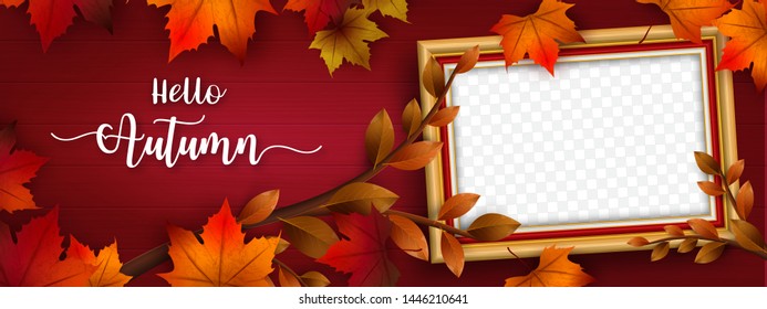 Autumn seasonal mockup frame with autumn leaves and floral elements in fall colors. Autumn mock up perfect for prints,flyers,banners,invitations,promotions and more.Vector autumn illustration.