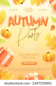 Autumn seasonal party poster with 3D plastic gift box, pumpkins and autumn leaves. Vector illustration