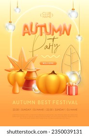 Autumn seasonal party poster with 3D plastic gift box, pumpkin, autumn leaves and string of lights. Vector illustration
