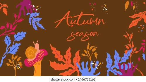 Autumn seasonal poster or banner with autumn leaves  and mushrooms in fall colors. Greetings card's background  for prints, flyers, invitations, promotions and more.