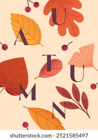 Autumn seasonal poster with leaves,ginkgo,berries and plants in fall colors.Vector modern illustration.Trendy autumn template for prints,ad,social media marketing,branding,packaging,covers.