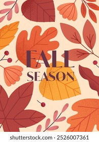 Autumn seasonal poster with leaves,ginkgo,berries and plants in fall colors.Vector modern illustration.Trendy autumn template for prints,ad,social media marketing,branding,packaging,covers.