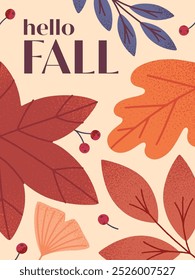 Autumn seasonal poster with leaves,ginkgo,berries and plants in fall colors.Vector modern illustration.Trendy autumn template for prints,ad,social media marketing,branding,packaging,covers.