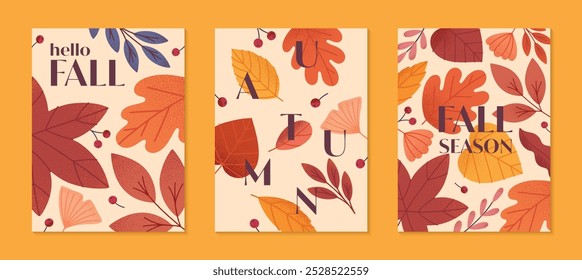 Carteles de temporada de otoño con hojas; ginkgo; bayas y plantas en colores de otoño. Ilustraciones modernas de Vector. Plantillas de otoño de moda para estampados; anuncio; marketing en redes sociales; marca; embalaje; cubiertas.